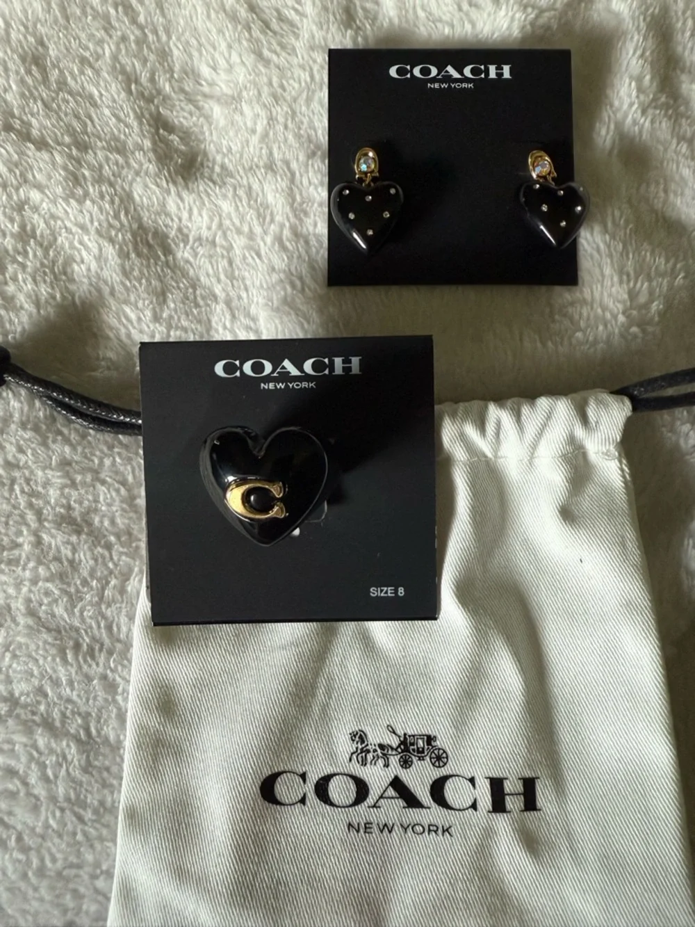 Coach Black Heart Drop Earrings with Gold Studs and ring - Picture 5 of 5